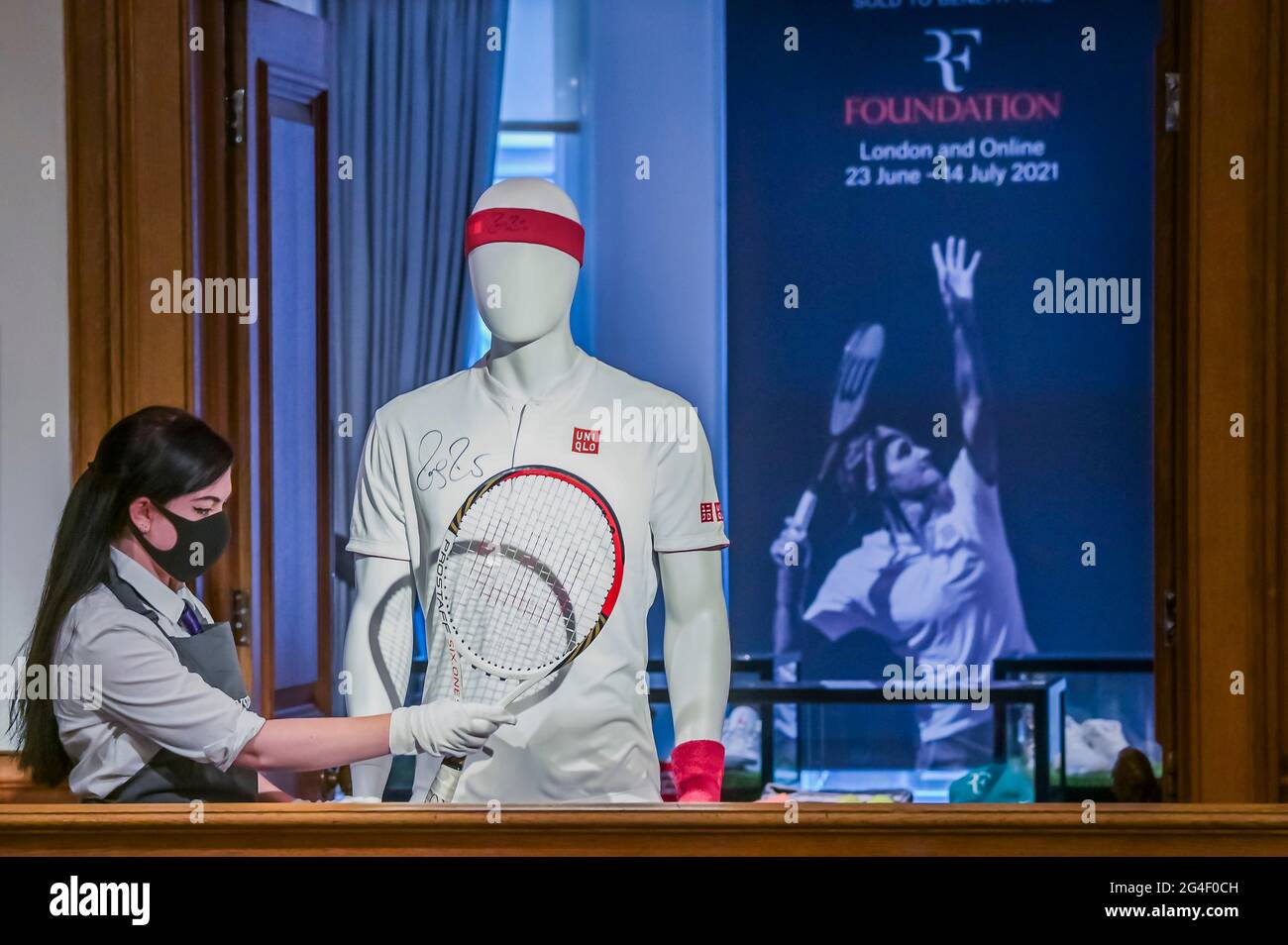 London, UK. 21st June, 2021. US Open, 2018, Shirt, wristband and bandana  signed 'Roger Federer', est £2,000-3,000 - The Roger Federer Collection:  Sold to Benefit The RF Foundation - Live auction on