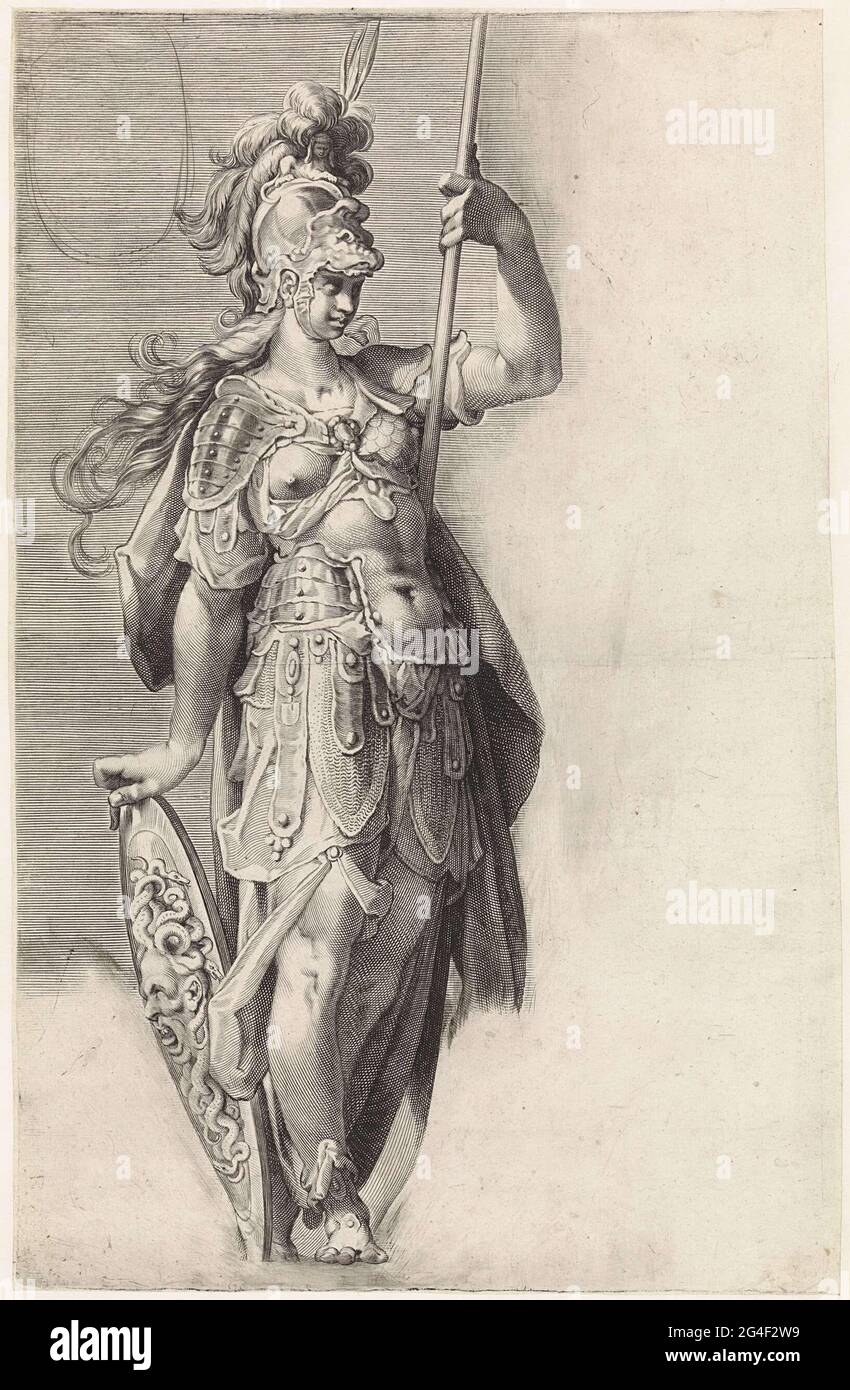 . Minerva with the helmet on her head, her hand resting on her shield ...