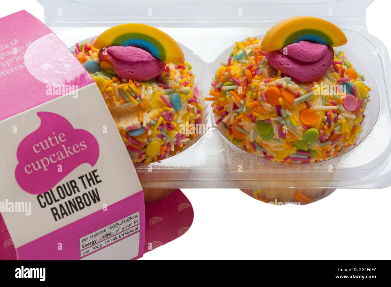 cutie cupcakes colour the rainbow from M&S set on white background Stock Photo