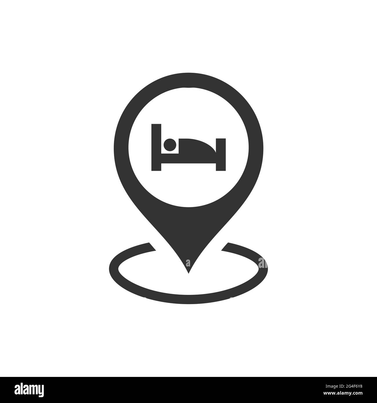 Hotel location pin for map with bed symbol. Black vector icon. Stock Vector