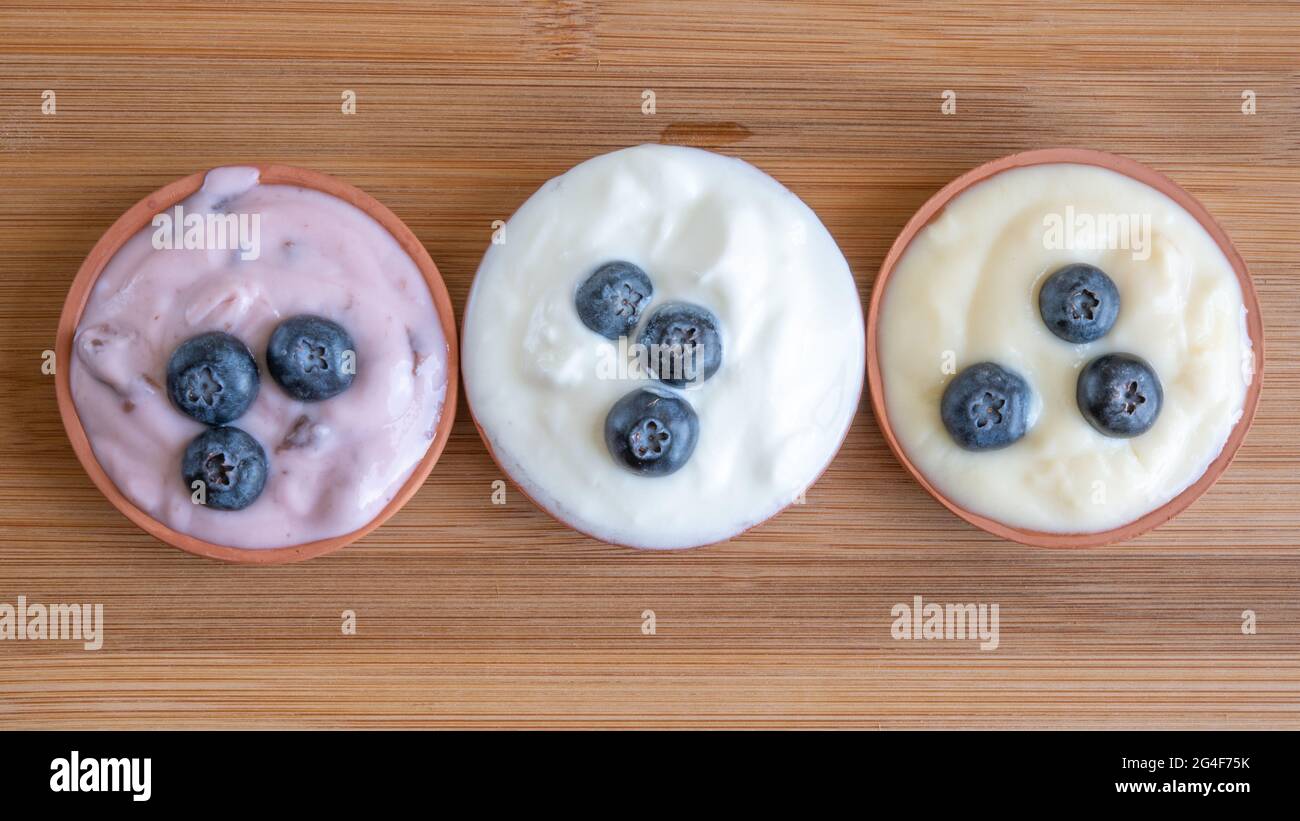 Varieties of yogurt with blueberries. Healthy eating concept Stock Photo