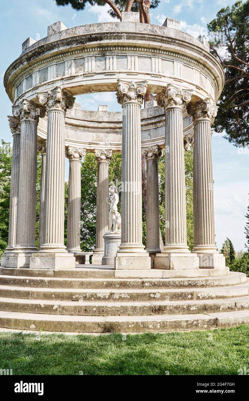 Front view of the monument 'el templete de baco' built in the 18th century, located in the carpicho park in Madrid. Stock Photo