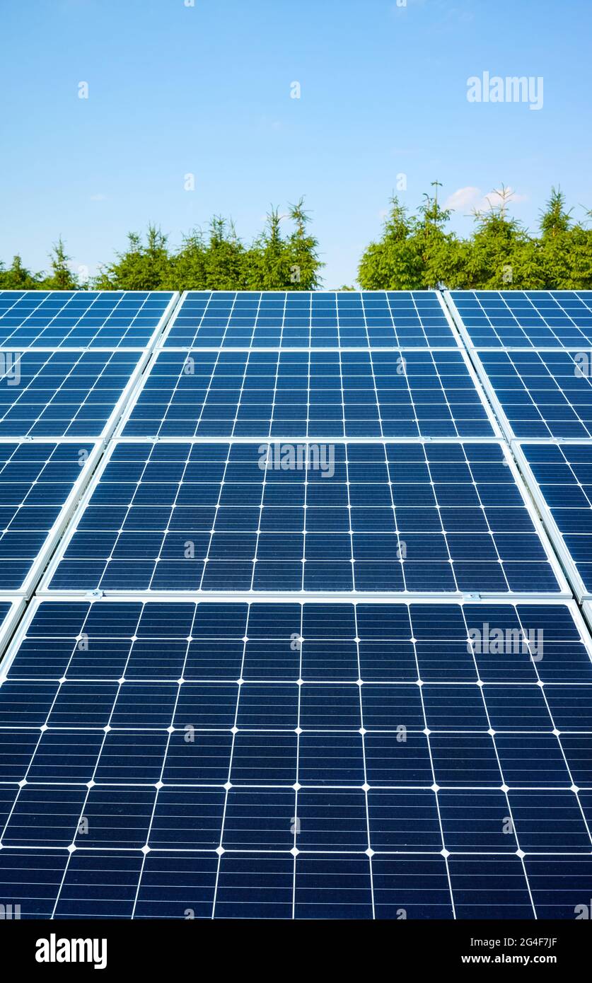 Solar modules in a rural area on a sunny day, selective focus. Stock Photo