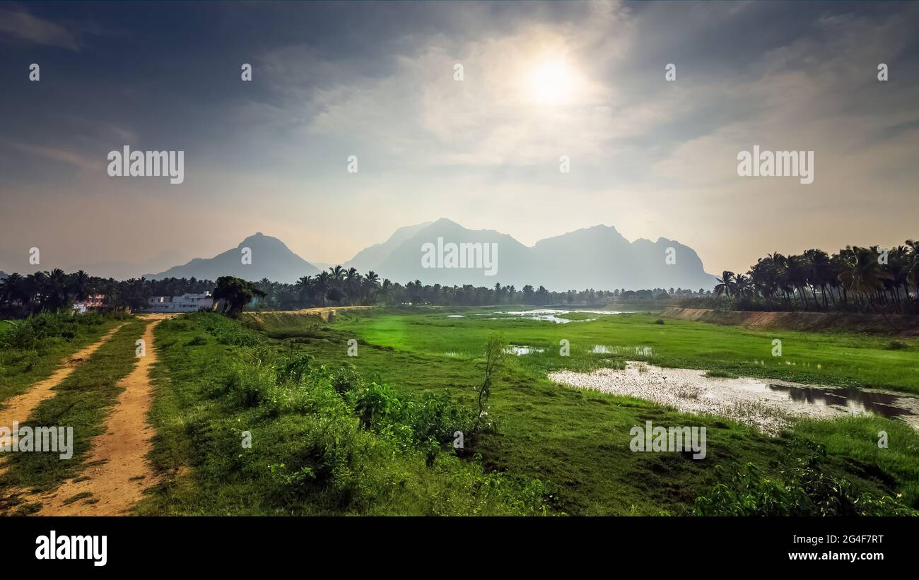 Beautiful landscape with mountain and blue sky background in Nagercoil. Tamil Nadu, South India. Stock Photo