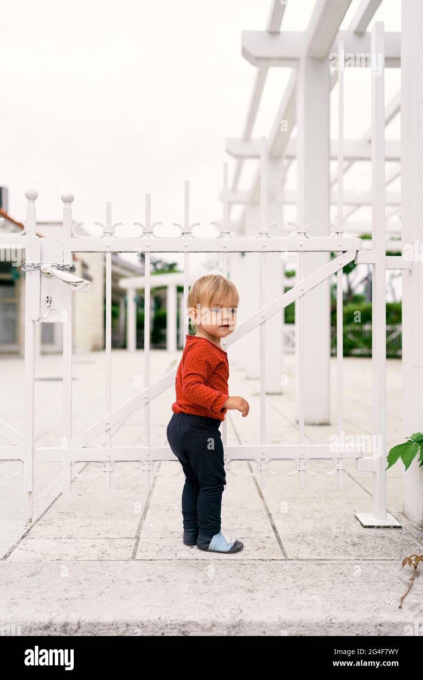 Small child stands on the paving slabs and holds his hand to a closed white metal gate Stock Photo