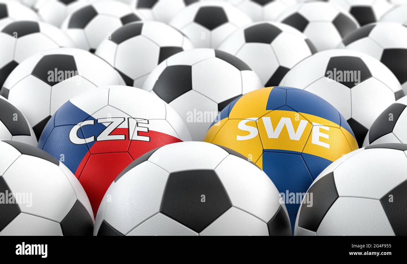 Sweden vs. Czech Republic Soccer Match - Leather balls in Sweden and Czech Republic national colors. 3D Rendering Stock Photo