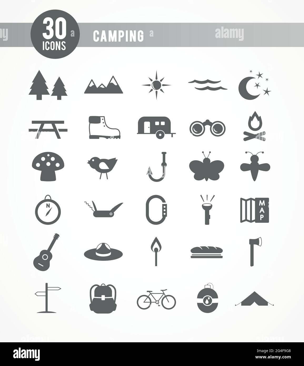 Camping grey icon set. 30 items. Vector illustration, flat design Stock Vector