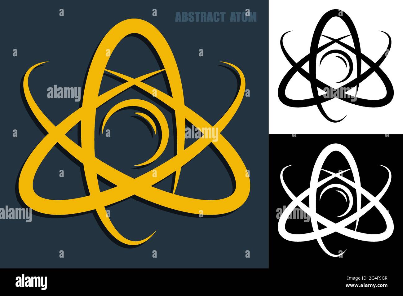 Abstract atom icon. Electrons revolve around proton in orbits. Nuclear power. Vector Stock Vector