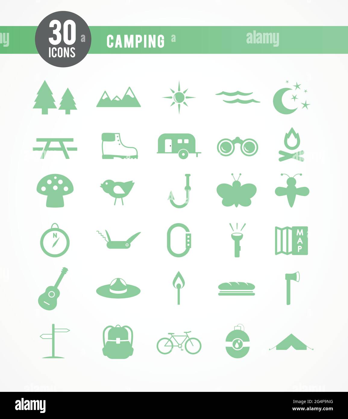 Camping green icon set. 30 items. Vector illustration, flat design Stock Vector