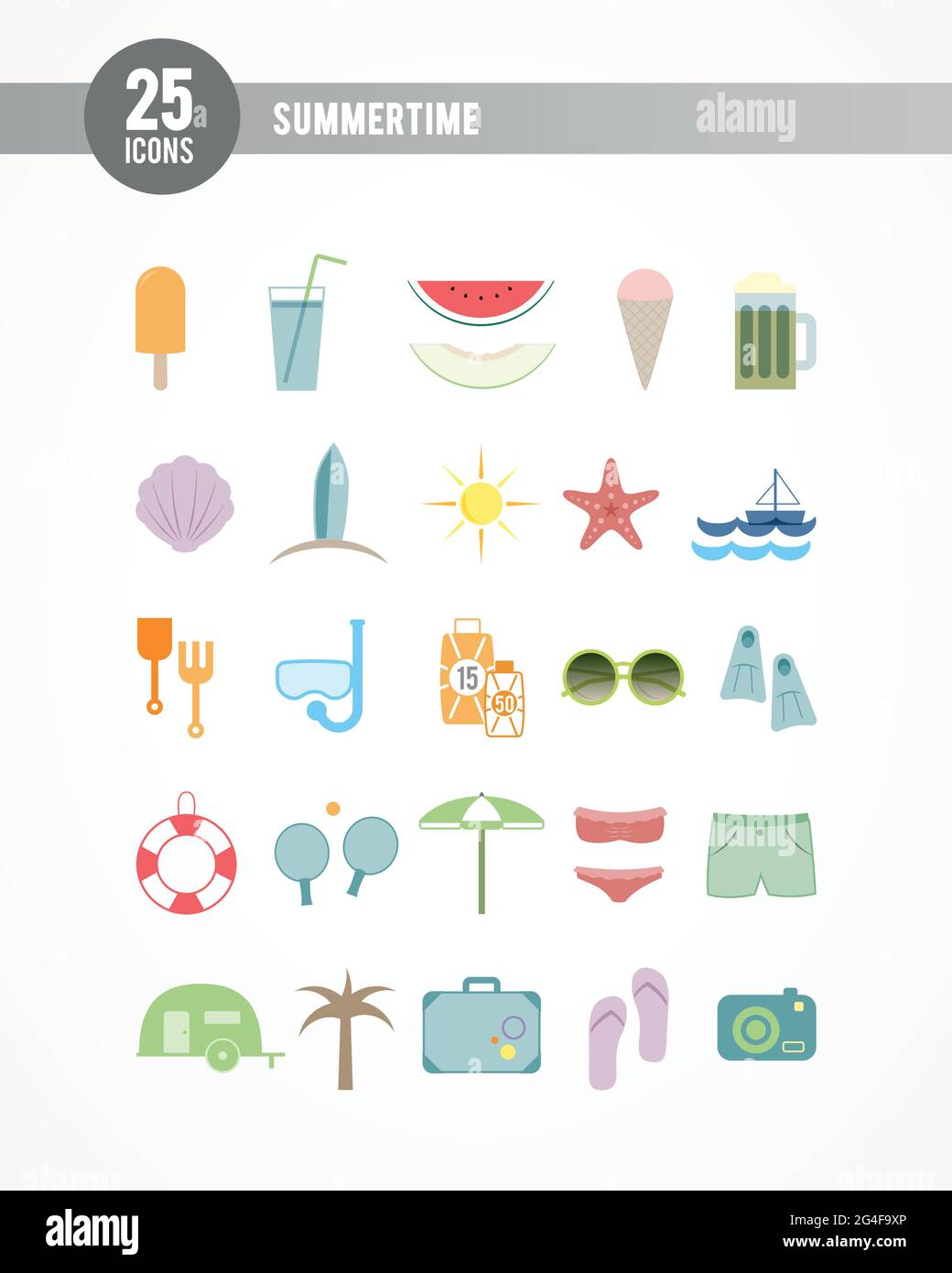 Summer colorful icon set. 25 items. Vector illustration, flat design Stock Vector