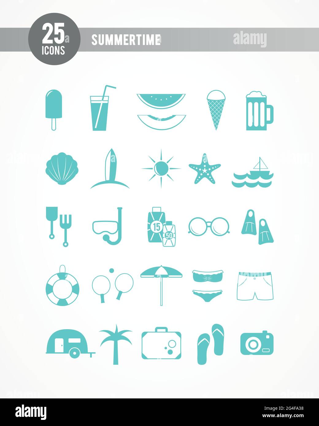 Summer turquoise icon set. 25 items. Vector illustration, flat design Stock Vector