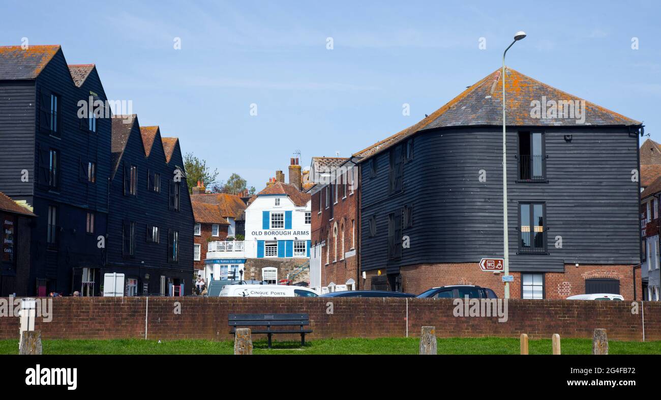 Buildings on the quayside at Rye in Kent, England, featuring the Old Borough Arms and Mermaid Cafe ( centre frame).  June 2021 Stock Photo