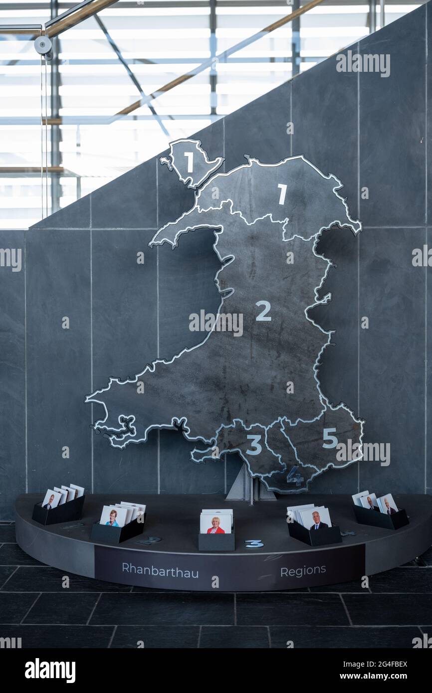 A general view inside the Senedd, home of the Welsh Parliament, in Cardiff Bay in Cardiff, Wales, United Kingdom. Stock Photo