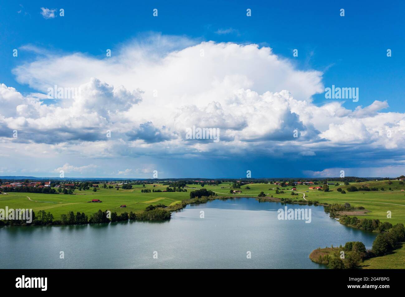 Thunderclouds over Riegsee, drone image, Upper Bavaria, Bavaria, Germany Stock Photo