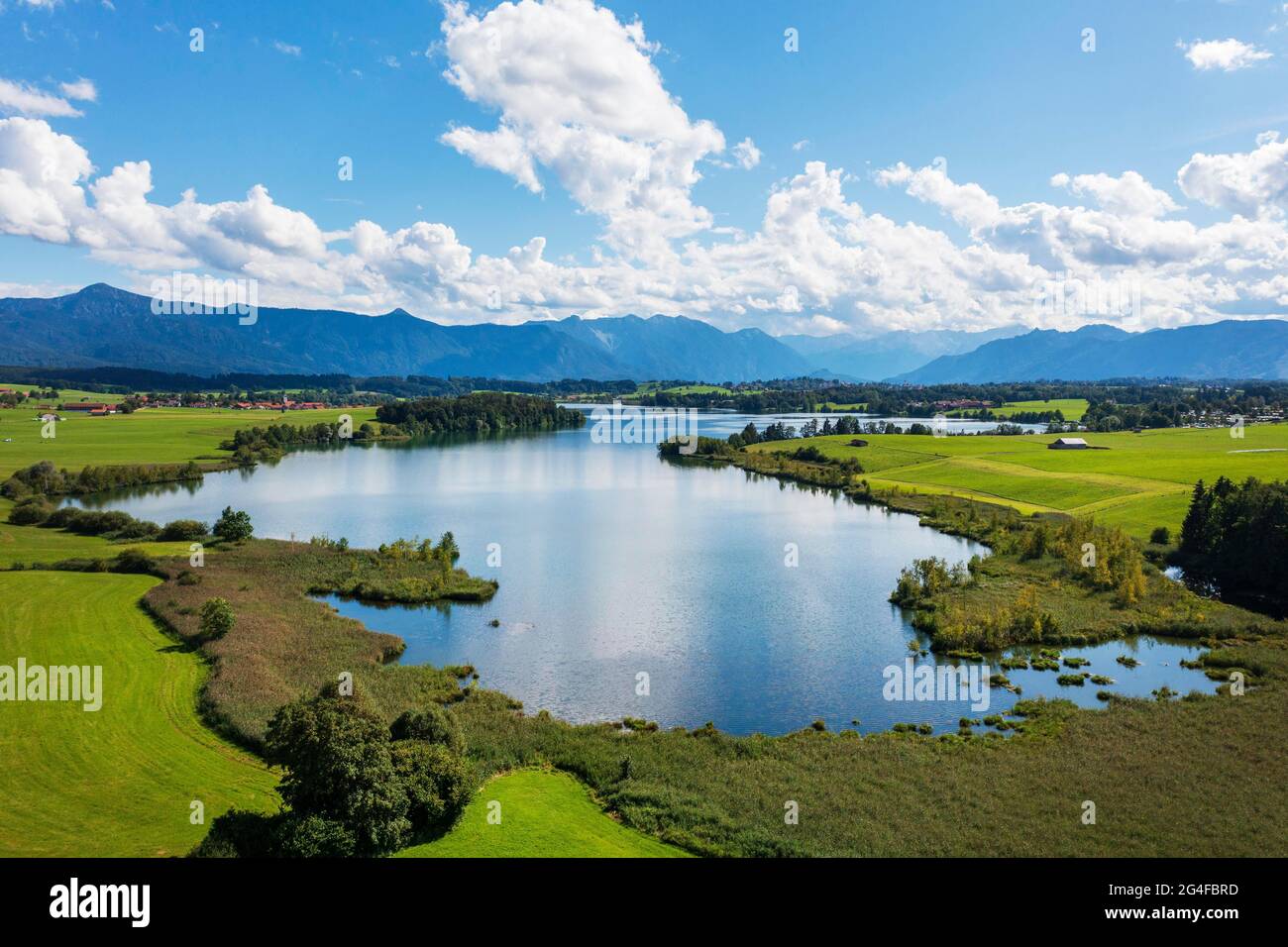 Riegsee, drone shot, alpine foothills, Upper Bavaria, Bavaria, Germany Stock Photo