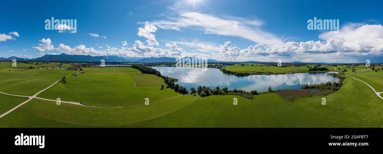 Panorama of Riegsee, Riegsee village, drone shot, alpine foothills, Upper Bavaria, Bavaria, Germany Stock Photo
