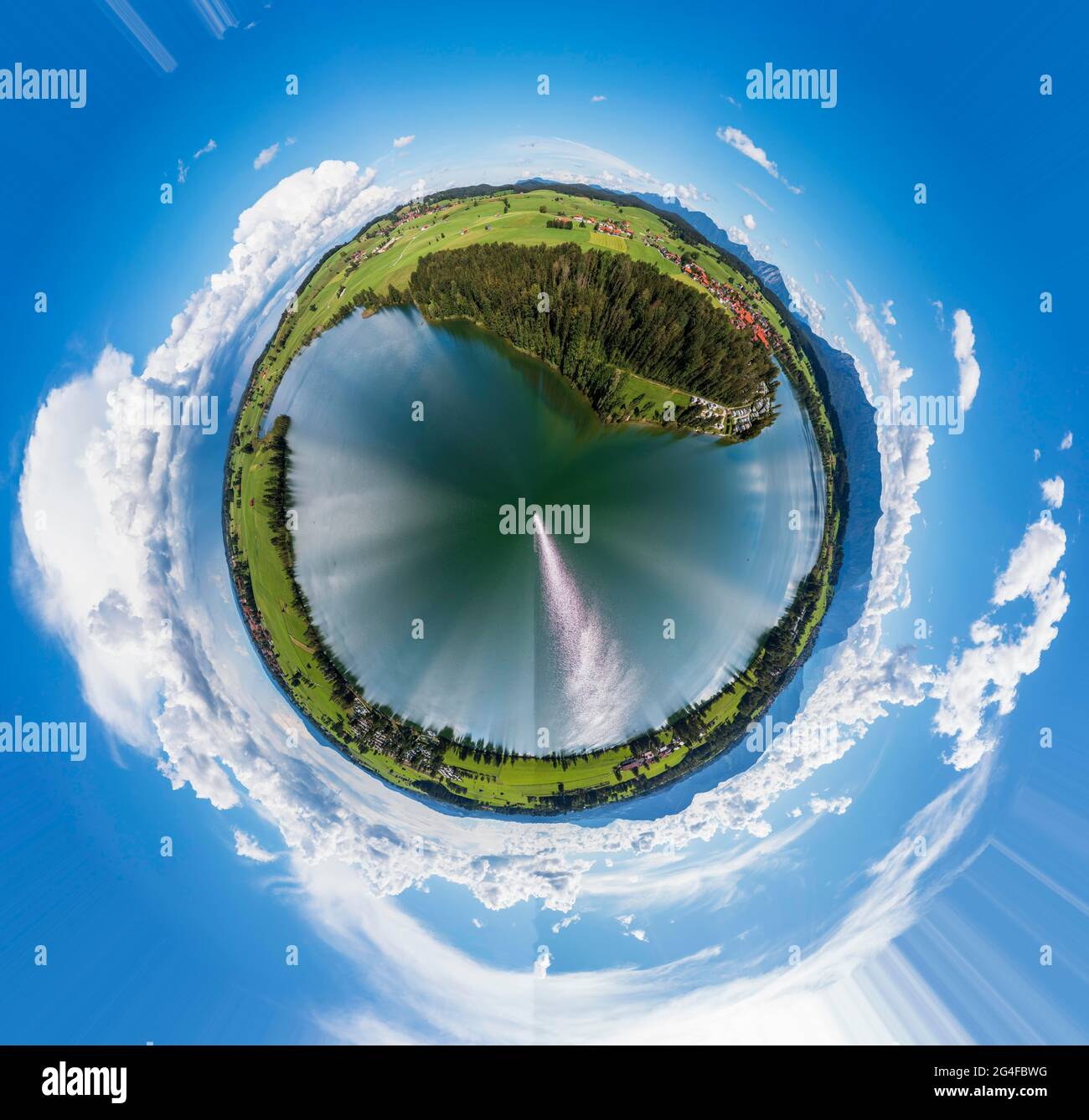 Spherical panorama of Riegsee, Riegsee village, drone shot, alpine foothills, Upper Bavaria, Bavaria, Germany Stock Photo