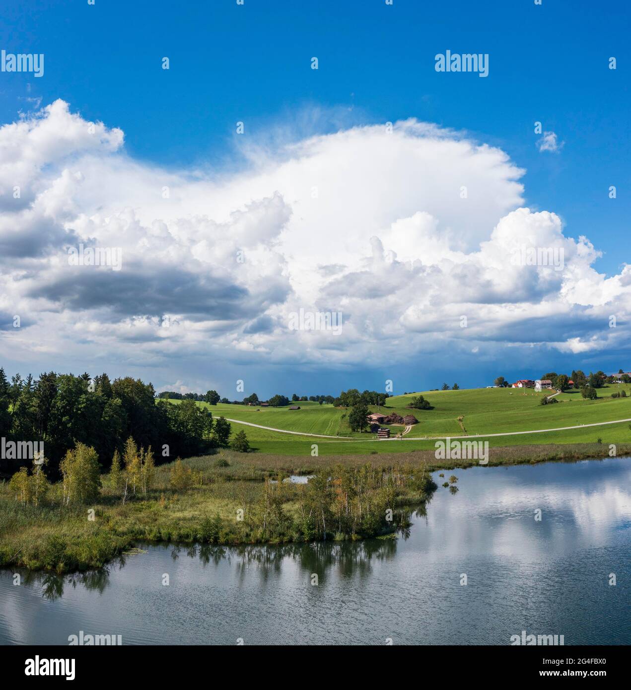 Thunderclouds over Riegsee, drone image, Upper Bavaria, Bavaria, Germany Stock Photo
