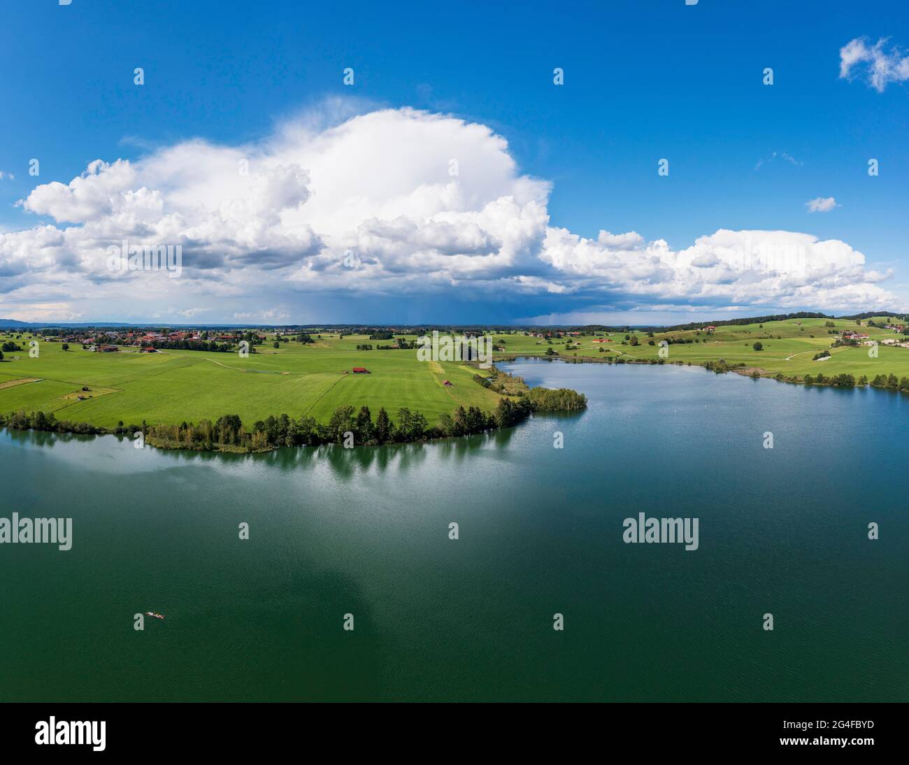 Thunderclouds over Riegsee, drone image, Upper Bavaria, Bavaria, Germany Stock Photo