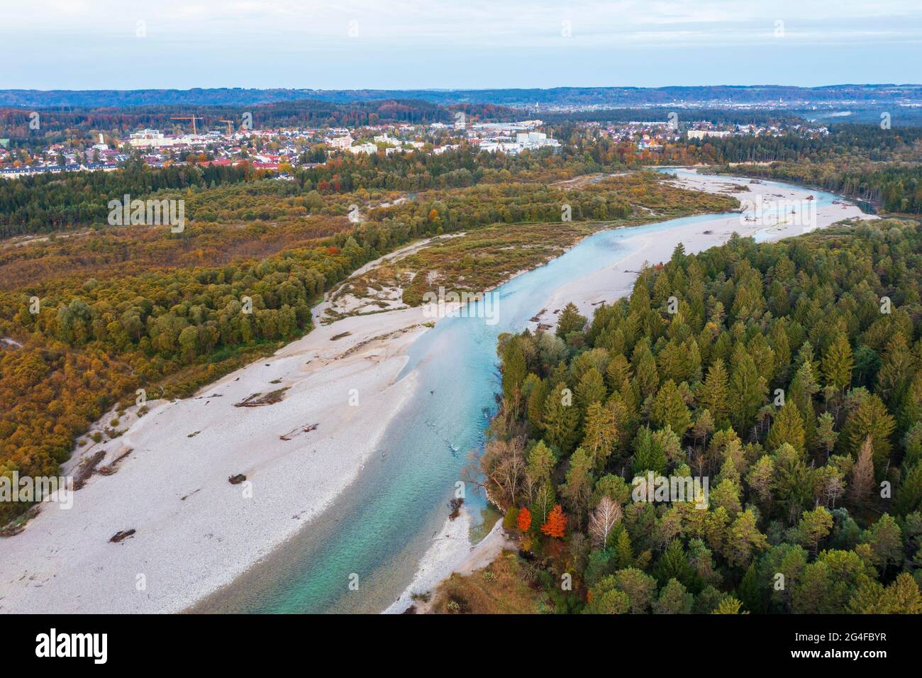 Isar, nature reserve Isarauen, behind Geretsried, autumnal, Toelzer Land, drone shot, Upper Bavaria, Bavaria, Germany Stock Photo