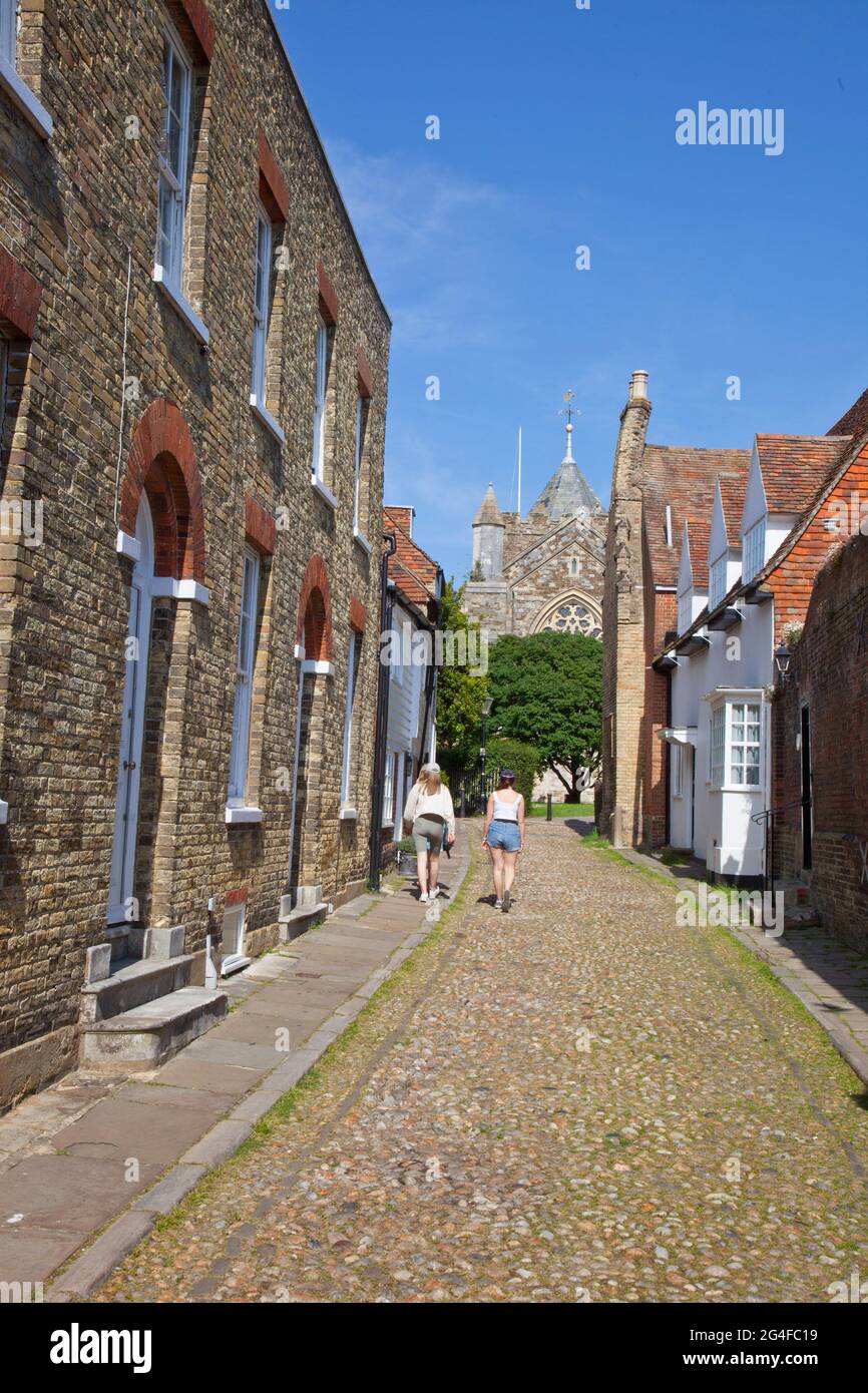 West St leading to St Marys Church (centre bckground )  in Rye,  Kent, England.  June 2021 Stock Photo
