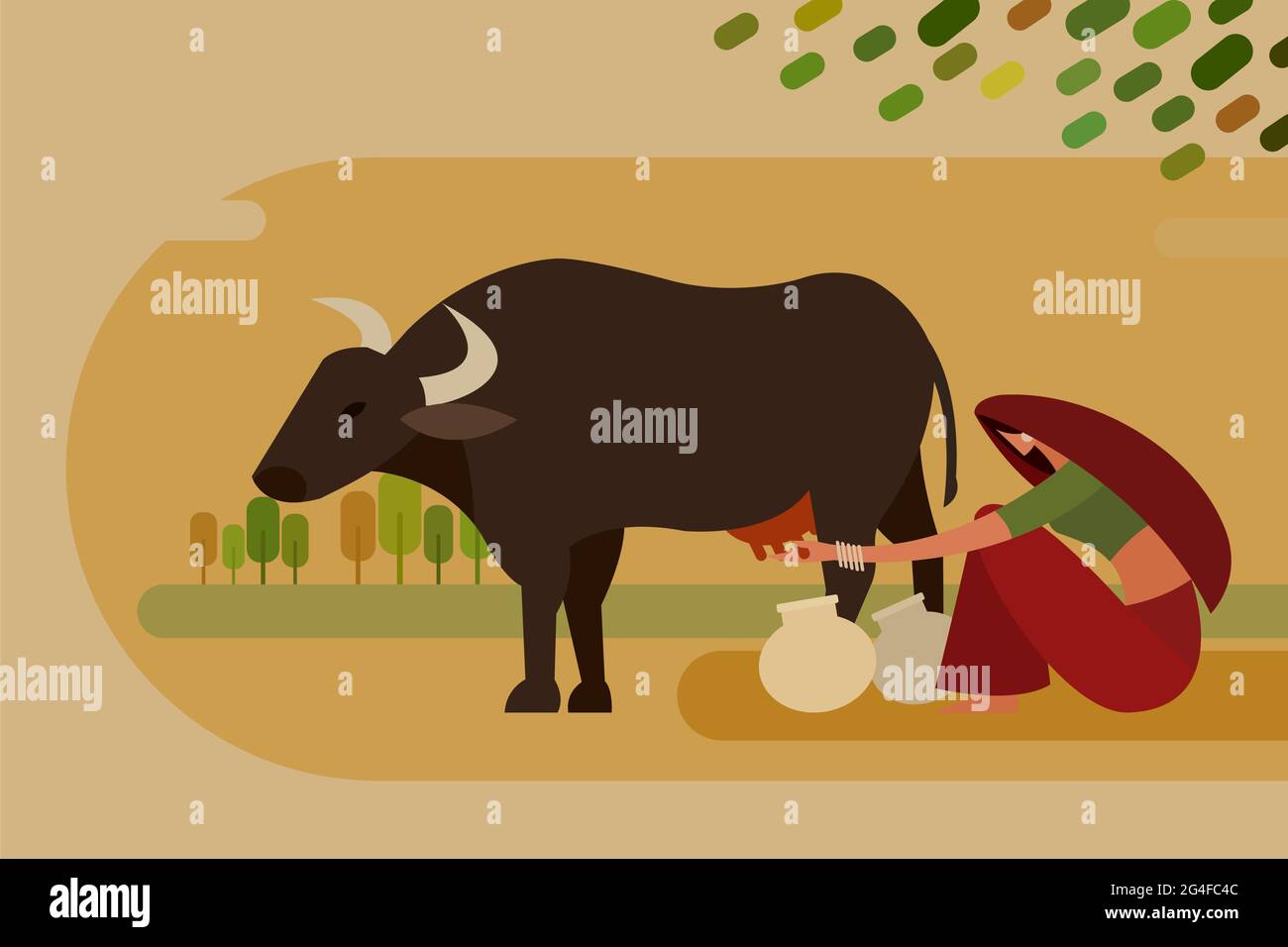 Illustration of a village woman milking a cow in the outdoor Stock Vector