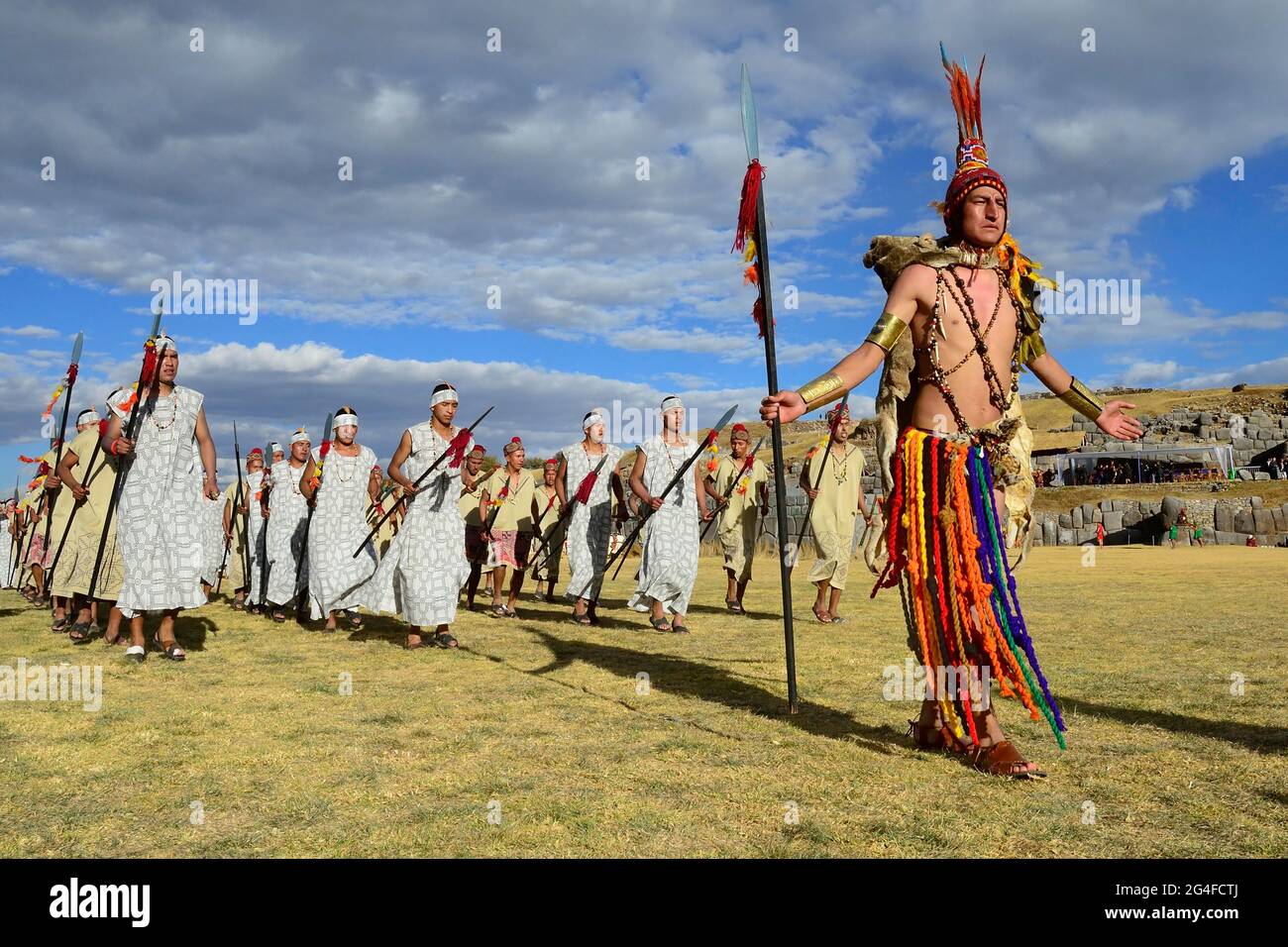 Inti Raymi, festival of the sun, group of warriors with spears, ruins of the Inca Sacsayhuaman, Cusco, Peru Stock Photo