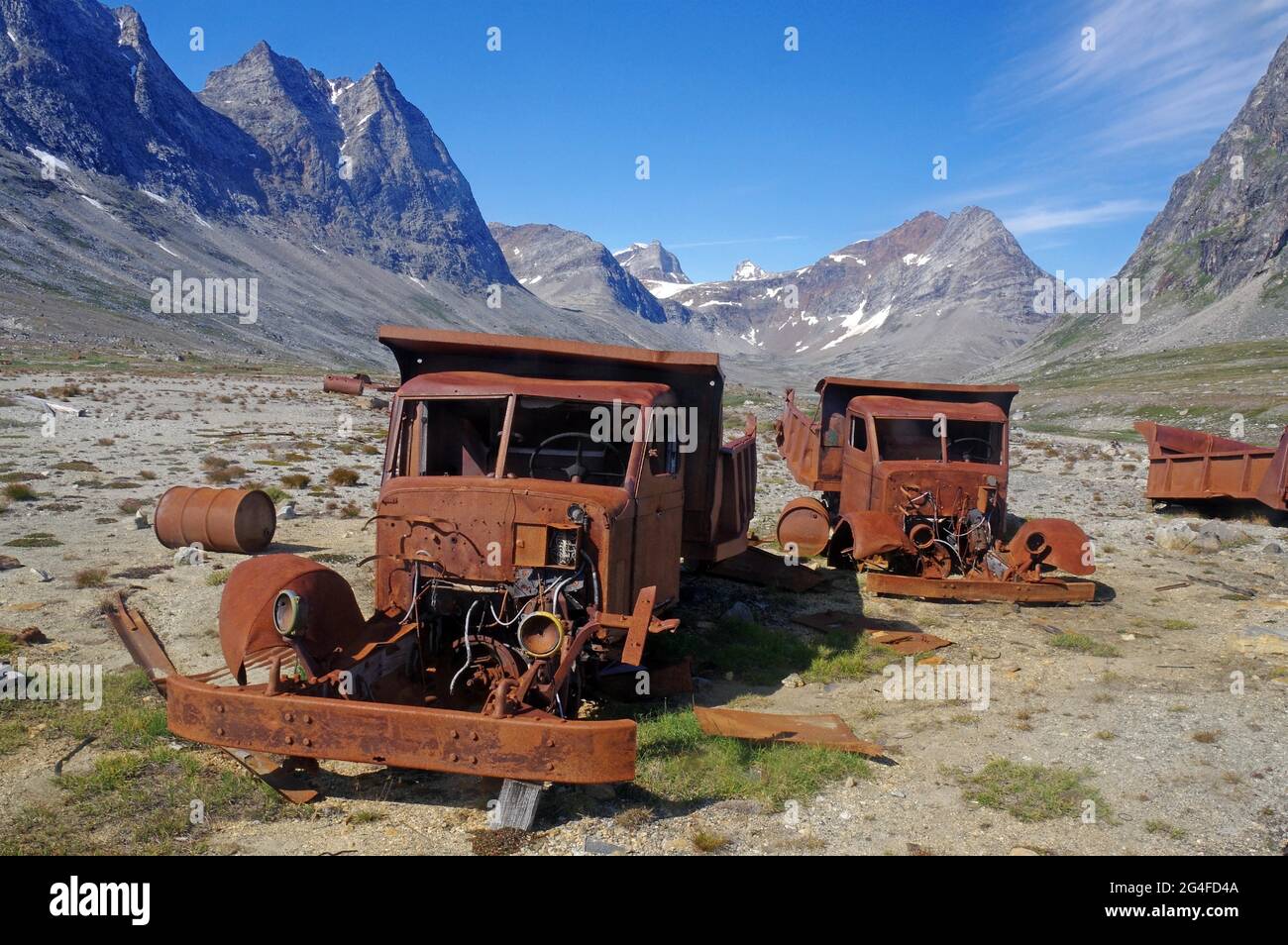 Rusty army vehicles from 1947, Ikateq army base, Greenland, Denmark Stock Photo