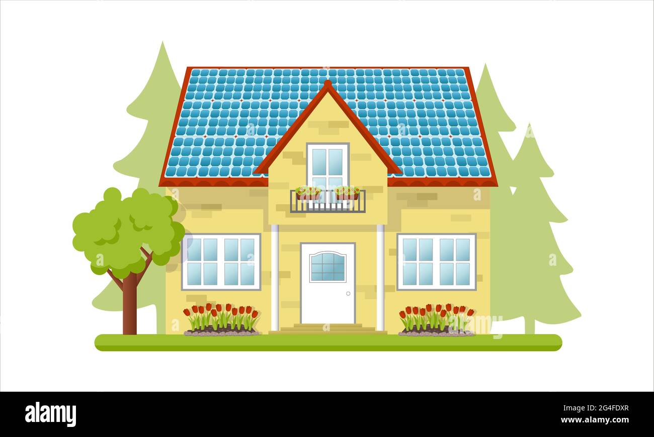 Countryside house with solar panels on the roof Stock Vector