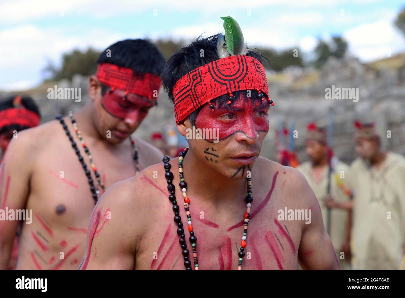 Inti Raymi, Feast of the Sun, performer of an Amazonian people, ruins ...