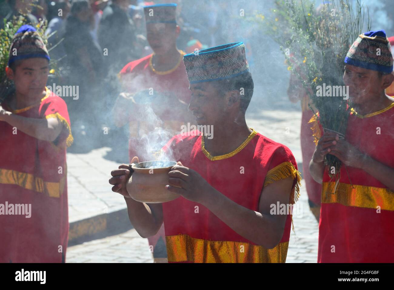 Inti Raymi, festival of the sun, group of Inca priests with smoking clay pots, Cusco, Peru Stock Photo