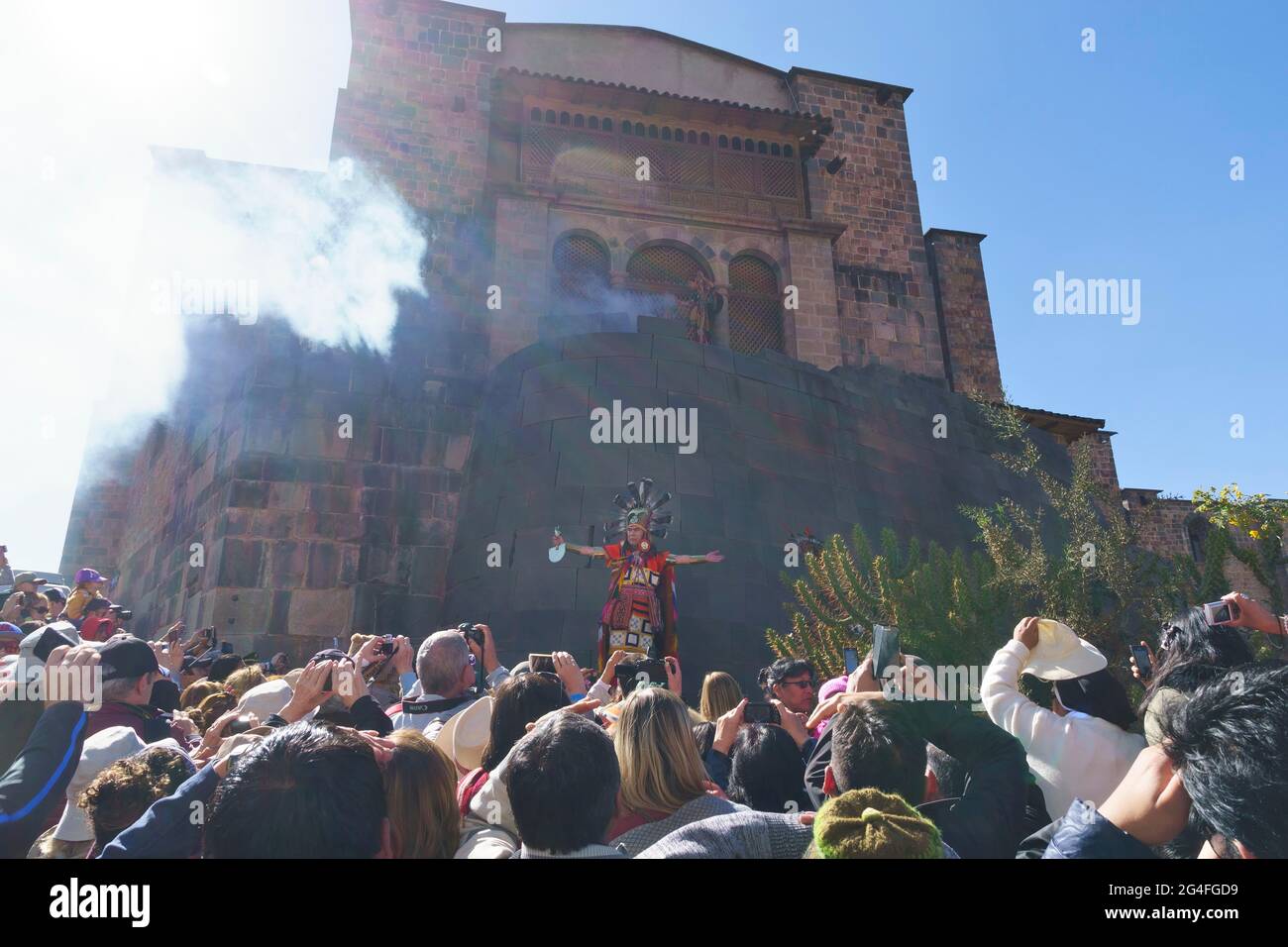 Inti Raymi, festival of the sun, priest in front of the Coricancha, most important temple of the Inca, Cusco, Peru Stock Photo