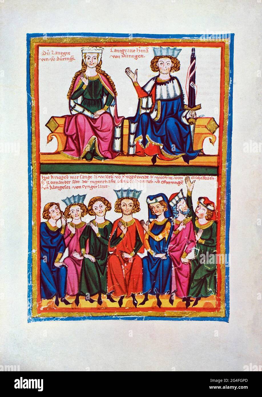 The Singer's War at Wartburg Castle, miniature from the Manessian Song Manuscript (Codex Manesse), 13th century Stock Photo