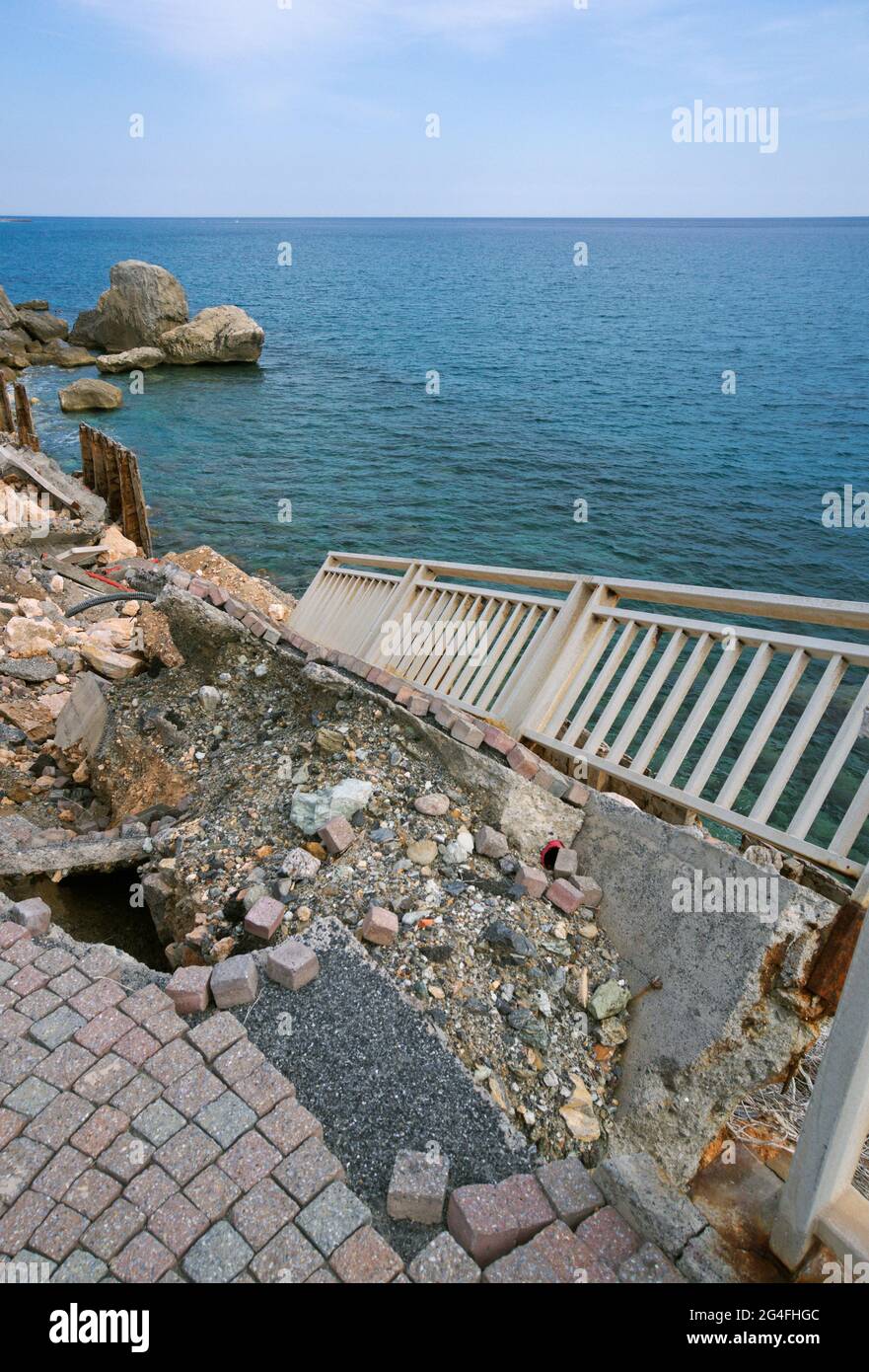 a collapsed coastal road near Noli, Liguria, Italy Stock Photo