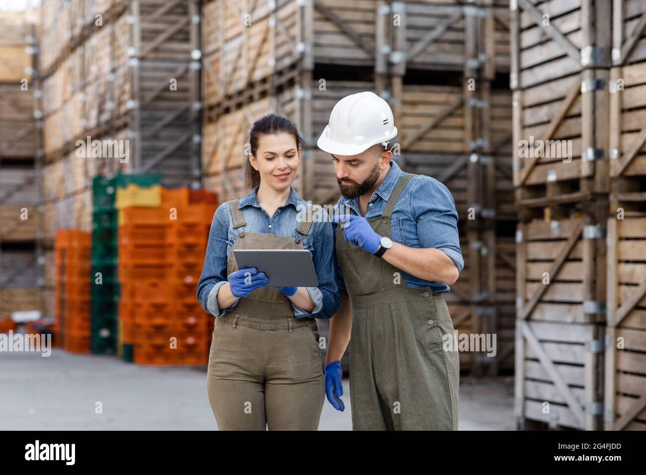 Warehouse management, device for work, distribution and sale of organic natural fruits Stock Photo
