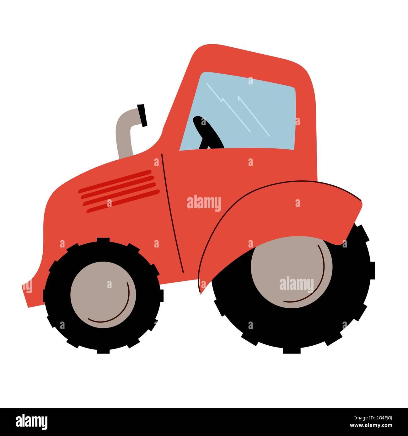 Farm red tractor with cab, wheels and exhaust pipe Stock Vector