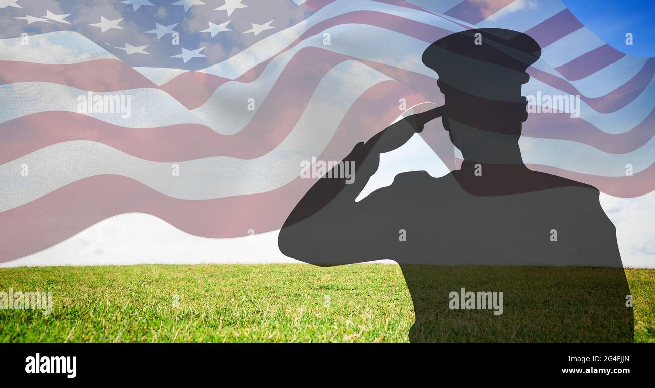 Composition of male soldier saluting over american flag Stock Photo - Alamy