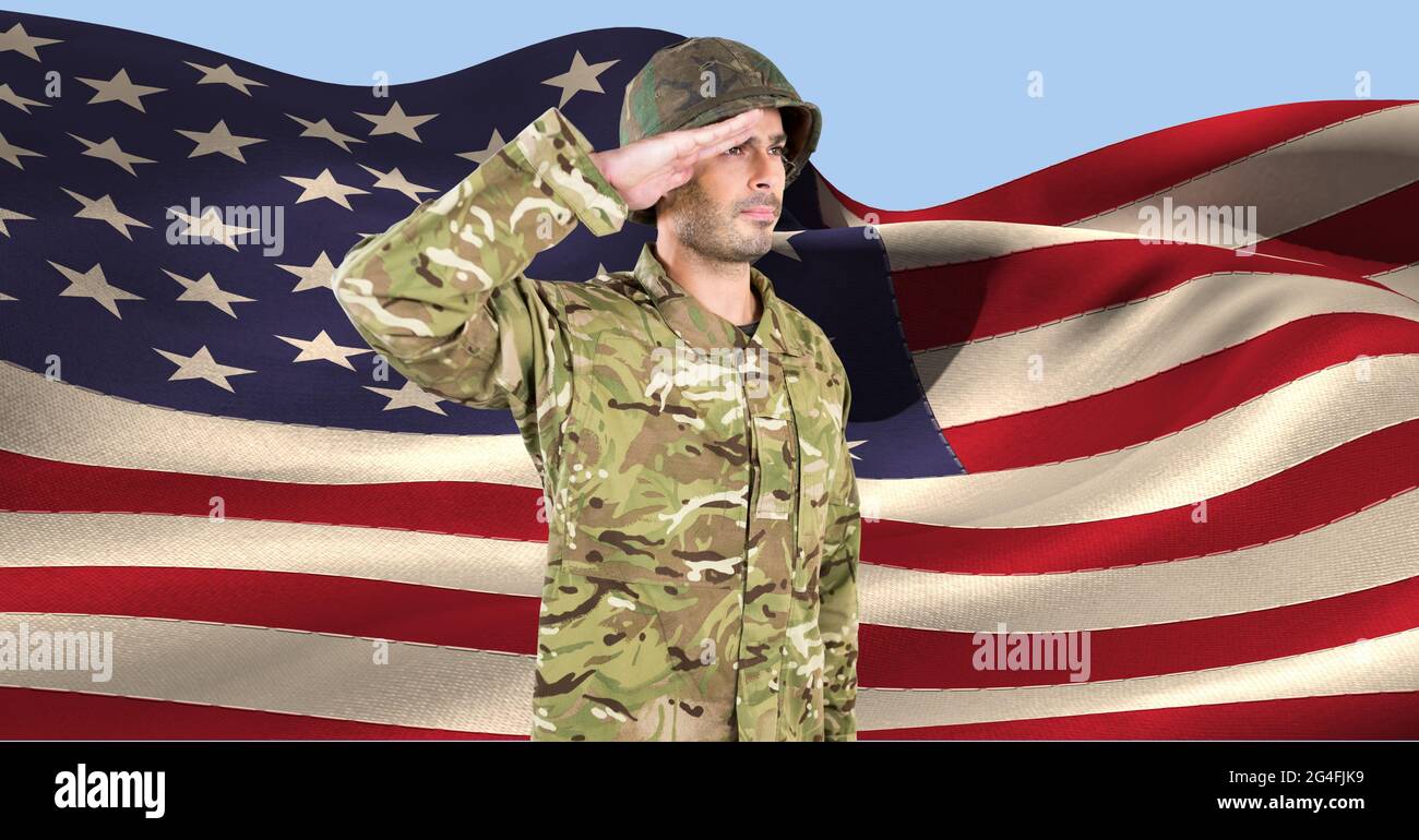 Composition of male soldier saluting over american flag Stock Photo - Alamy