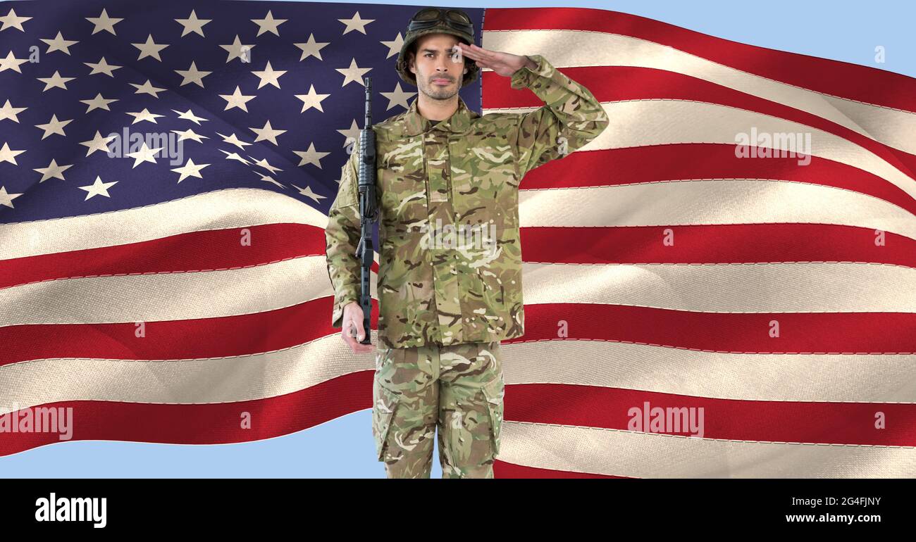 Composition of male soldier saluting over american flag Stock Photo - Alamy
