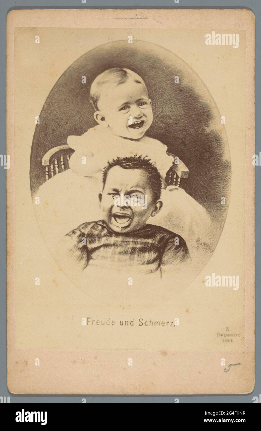 Photo production of a drawing, representing a smiling child and a crying child; Freude und Schmerz. . Stock Photo
