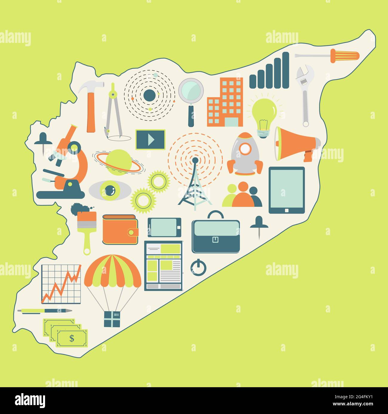 Contour map of Syria with icons of technology, business, science, communication Stock Vector