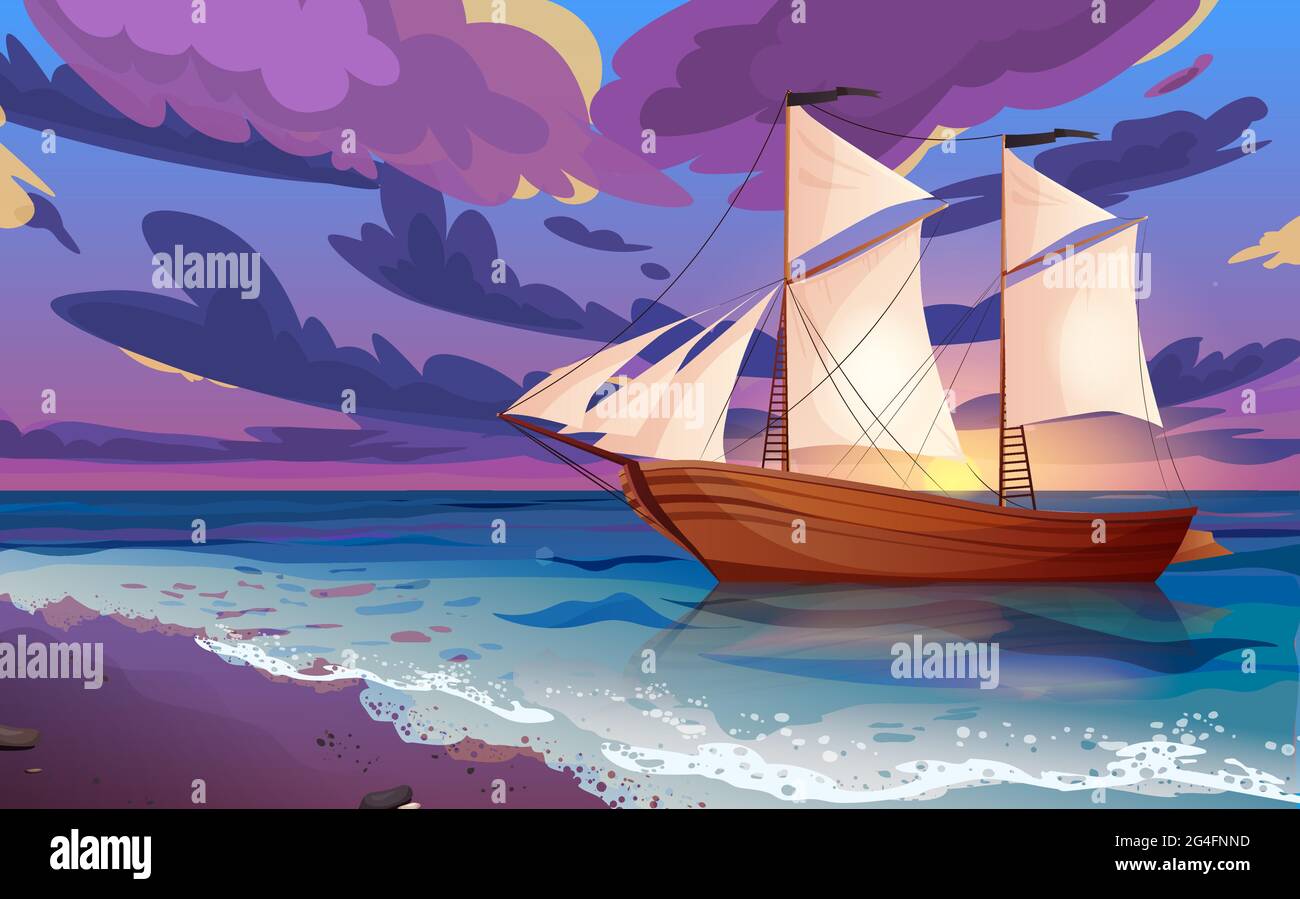 Sailing ship with black flags. Wooden sailboat on water. Sunset or sunrise, dawn at sea with clouds in the sky. Stock Vector