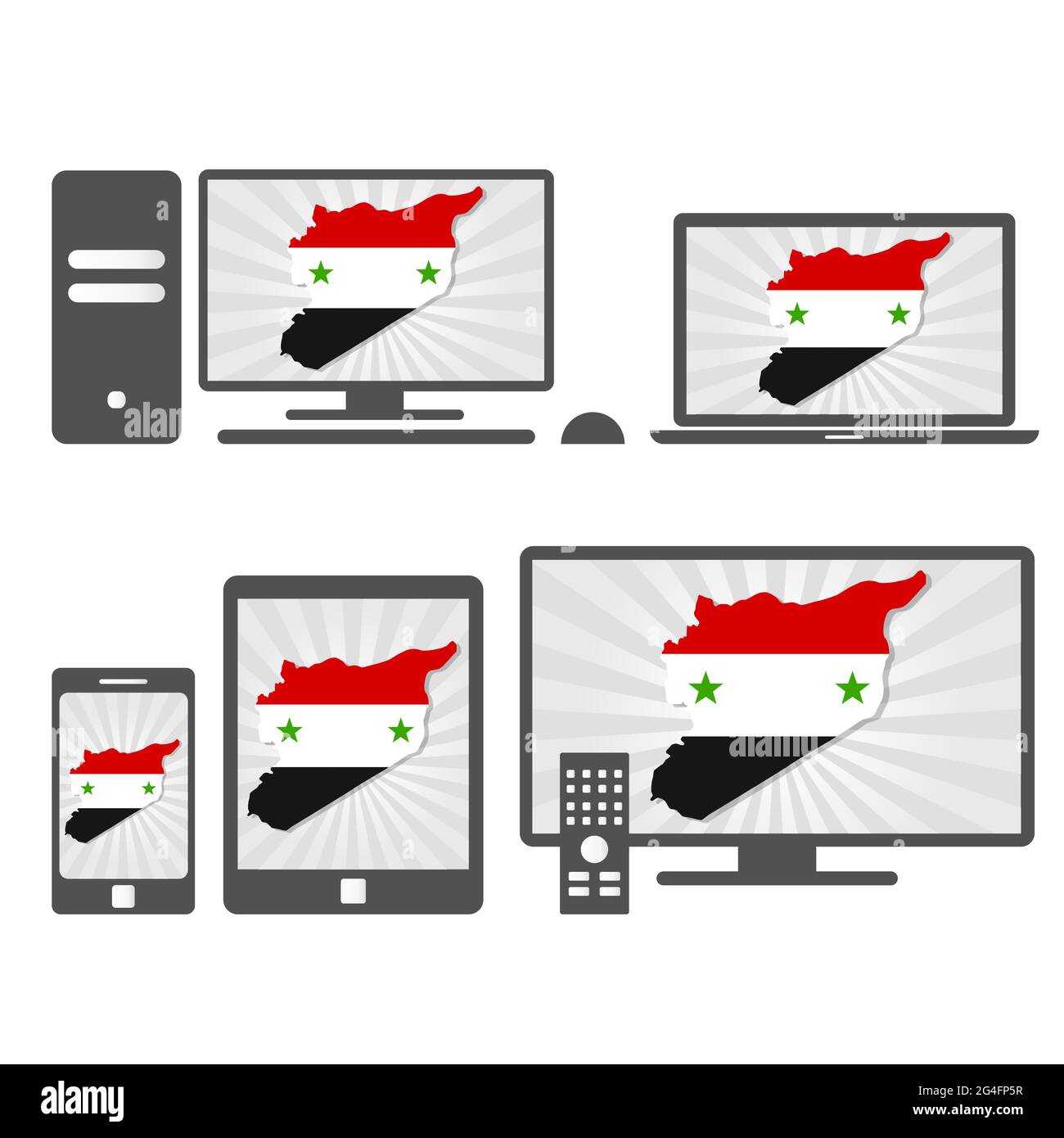 Many device media (tablet, pc, cellphone, laptop, smart tv) with the map and flag of Syria. Stock Vector