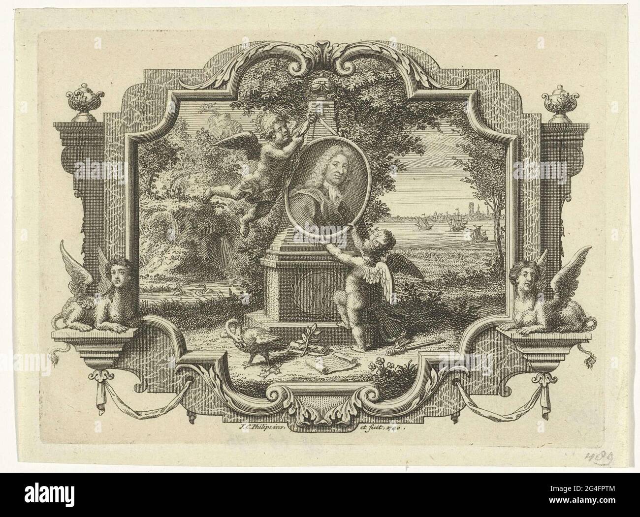 . Landscape with a memorial monument that put two putti a medallion with the portrait of the writer Pieter Rabus. In the background a face on Rotterdam. Stock Photo