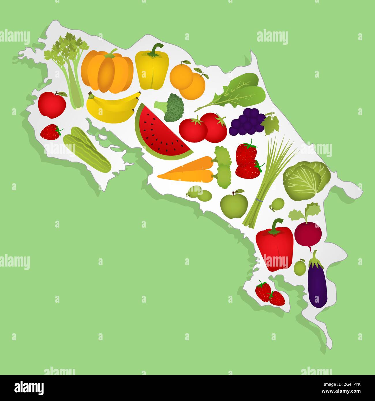 Map of Costa Rica full of fruits and vegetables (tomato , apple, orange , eggplant, cabbage, cucumber , broccoli, grapes, arugula, banana, peppers, sq Stock Vector