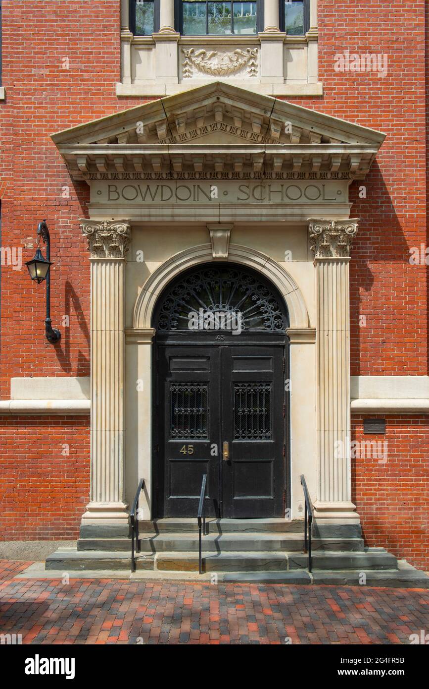 Historic front door of Bowdoin School on 45 Myrtle Street on Beacon