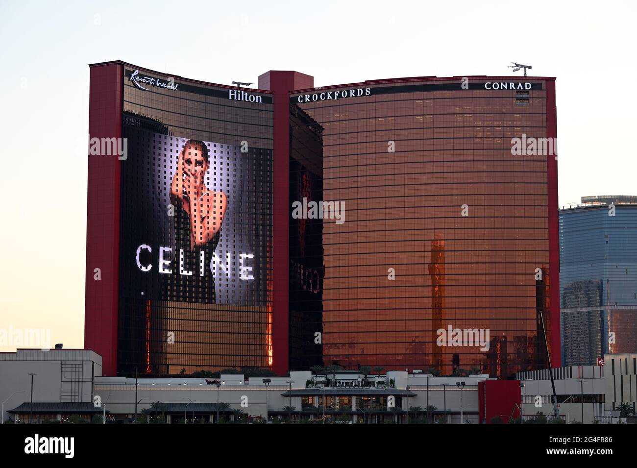 Las Vegas, Nevada, USA. 21st June, 2021. An LED screen displays an  advertisement for Celine Dion's upcoming residency as construction  continuing at Resorts World Las Vegas on June 21, 2021 in Las
