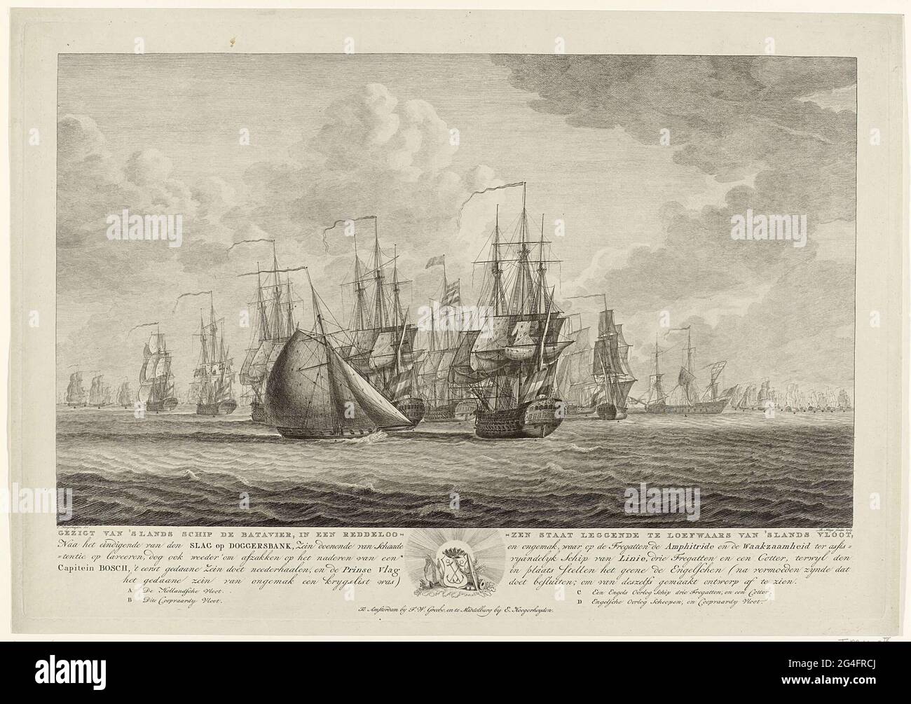 . The Frigate de Batavier in edgeless state during the sea battle at Doggersbank on August 5, 1781 between the Dutch fleet under schout-at-night Johan Zoutman and the English fleet under vice-admiral Hyde Parker. With four-line caption and legend A-D. Part of a series of four plates of the naval battle on the Doggersbank. Stock Photo