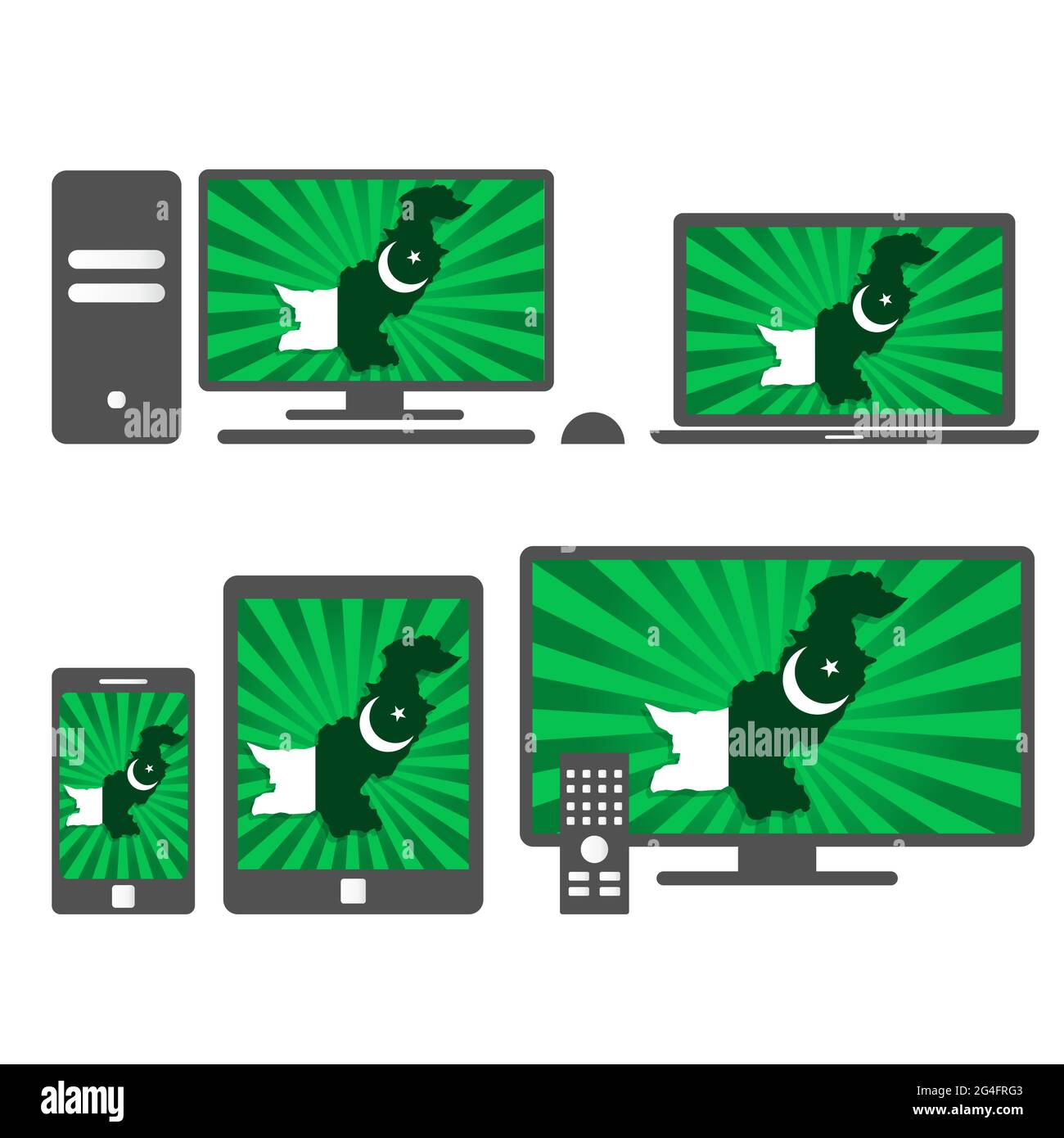 Many device media (tablet, pc, cellphone, laptop, smart tv) with the map and flag of Pakistan. Stock Vector