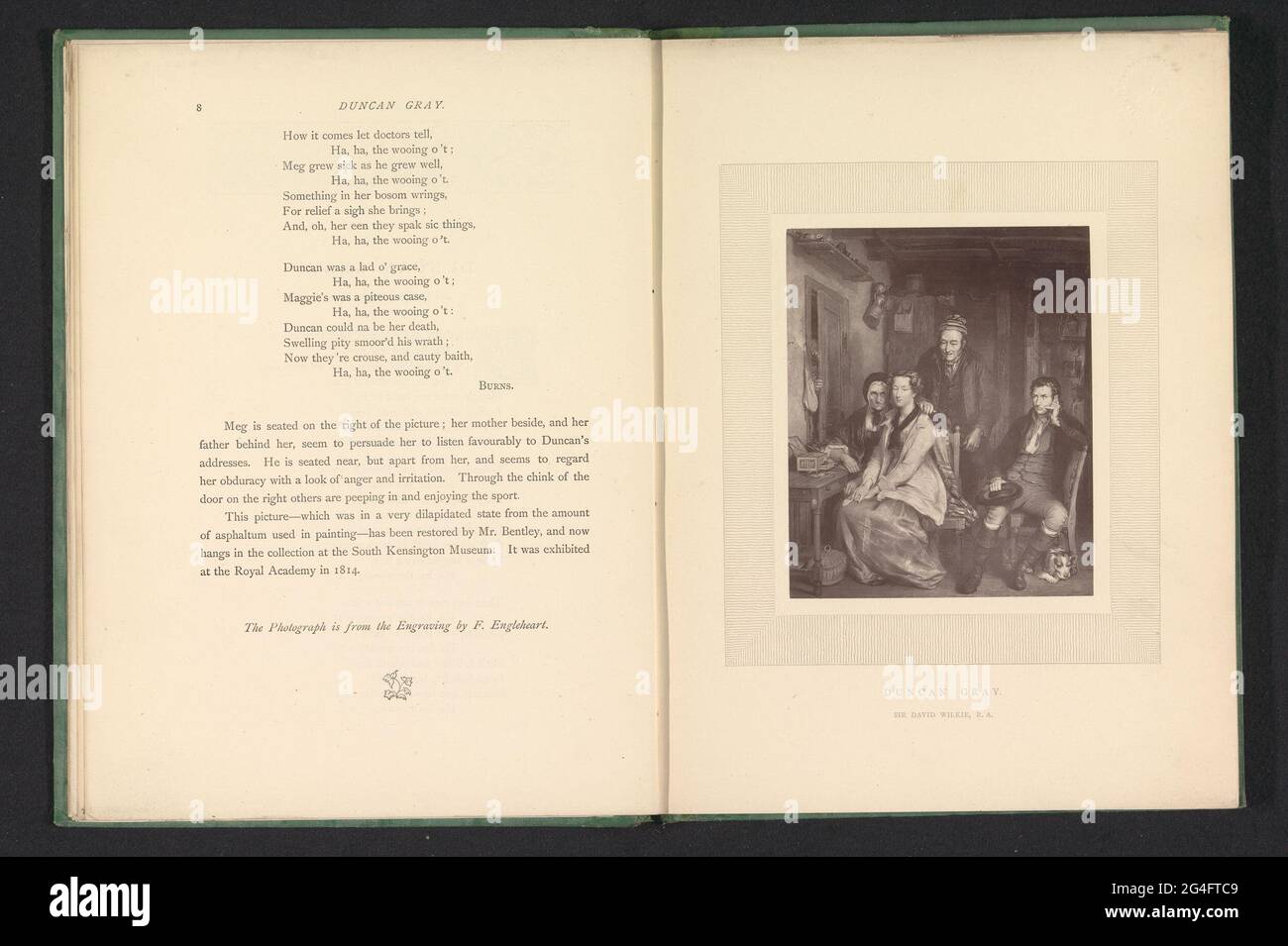 Photo reproduction of a print to a painting of a company in a living room, an illustration at the Duncan Gray song, by David Wilkie; Duncan Gray. . Stock Photo